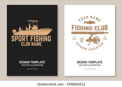 Sport Fishing club. Vector. Flyer, brochure, banner, poster design with fish rod and fishing boat silhouette. Outdoor adventure fishing club emblem