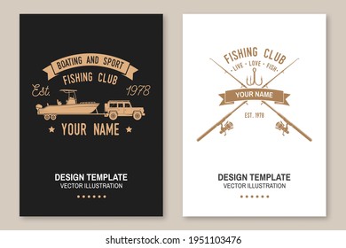 Sport Fishing club. Vector. Flyer, brochure, banner, poster design with fish rod and fishing boat silhouette. Outdoor adventure fishing club emblem