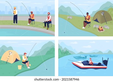 Sport fishing flat color vector illustrations set. Catching fish with spinning rods. Camping experience. Fishermen 2D cartoon characters collection with relaxing nature scenery on background