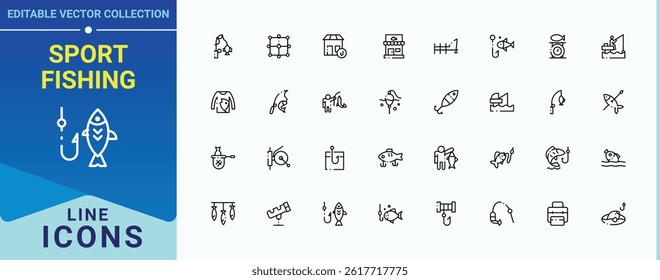 Sport Fishing icon. Contain linear symbols catch, fish, outdoor, recreation, activity and more. Fishing icon set in linear style. Vector icons collection. Editable vector art and illustration.