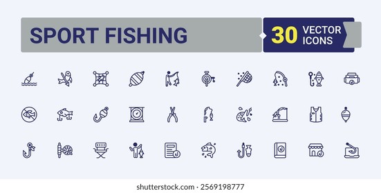 Sport Fishing line icons set. Icons fisher, sea, sport, boat, equipment, angling and more. Simple line vector. Solid line editable stroke. Vector line and solid icons.