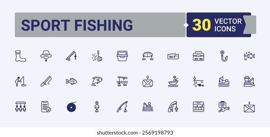 Sport Fishing line icons set. Icons fisher, sea, sport, boat, equipment, angling and more. Simple line vector. Solid line editable stroke. Vector line and solid icons.