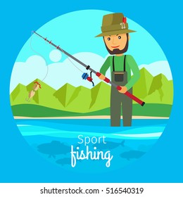 Sport fishing vector concept. Fisherman in boat with fishing gear and rod with bait on the hook