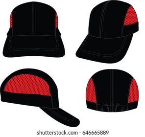 Sport Fit Black Baseball Cap With Red Mesh at Side Pattern and Adjustable Elastic Strap Designon White Background.