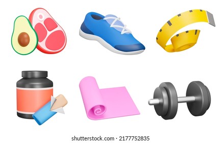 Sport, fitness 3d icon set. Physical training and nutrition. Equipment for sports activities. Isolated icons, objects on a transparent background - Shutterstock ID 2177752835