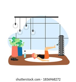 Sport and fitness activities. Young woman doing pilates exercises, flat vector illustration. Fitness pilates workout. Active and healthy lifestyle.