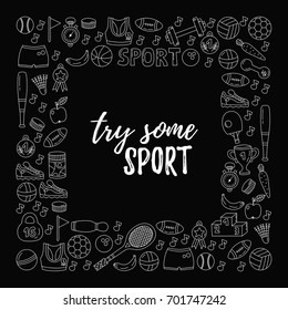 Sport fitness activity doodle icons square vector frame decorative border