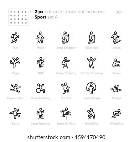 Sport and Fitness Activity outline vector icons. Run, Yoga, Stair Stepper, High-intensity interval training, Tai Chi, Pilates. Pixel Perfect Editable stroke.