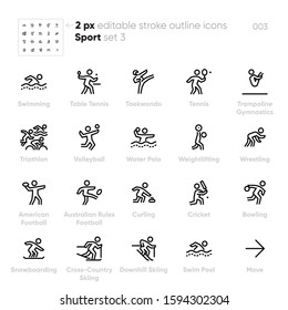 Sport and Fitness Activity outline vector icons. Swimming, Tennis, Triathlon, Bowling, Volleyball, Water Polo. Pixel Perfect Editable stroke