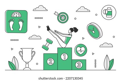 Sport fitness activity time. Healthy active lifestyle, physical exercise training vector monocolor illustration