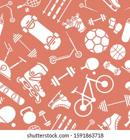 Sport and fitness background - Vector seamless pattern solid silhouettes of bicycle, ball, ski, snowboard, skates, scooter, skateboard and etc. for graphic design