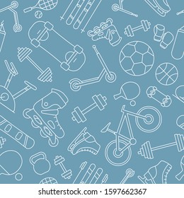 Sport and fitness background - Vector seamless pattern of bicycle, ball, ski, snowboard, skates, scooter, skateboard and etc. for graphic design