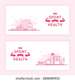 Sport fitness banners. Ad flyer card background. Simple vector composition of modern styled pictograms.
