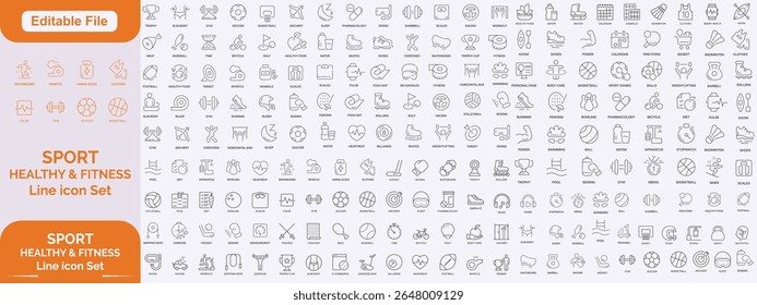 Sport and Fitness Big icon set 2500+ with editable stroke. Gym and fitness thin line icon collection. Vector illustration