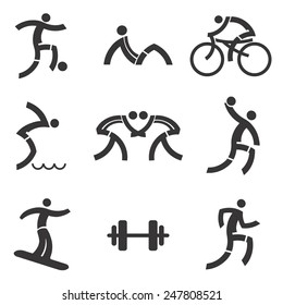 Sport fitness black icons. Black icons  with sport and fitness  activities. Vector illustration. 