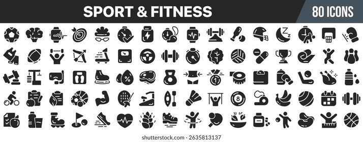 Sport and fitness black icons collection. Big UI icon set in a flat design. Vector illustration EPS10
