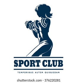 emblema del club deportivo o de fitness. Silhouette de mujer atlética con panecillos. Fuente libre utilizada.