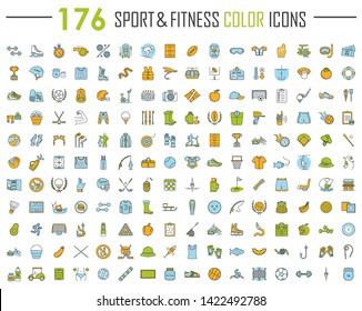 Sport and fitness color icons big set. Healthy lifestyle and nutrition. Gym, workout training, exercises. Outdoor activities, team sports. Fishing, hiking, camping. Isolated vector illustrations