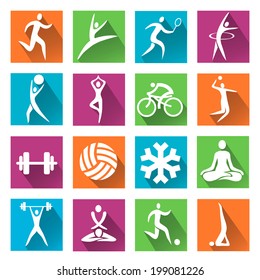 Sport and fitness colorful icons. Set of colorful modern icons with long shadow with  sport, fitness and yoga activities. Vector illustration. 