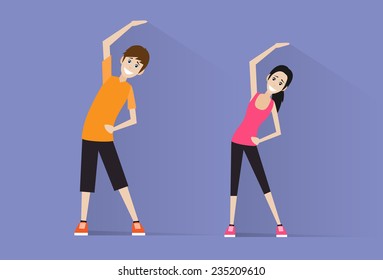 Sport Fitness Couple Man And Woman Exercise Workout Flat Icon Vector Illustration