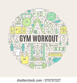 Sport and fitness design element - different gym elements arranged in a circle with sign gym workout. Vector design for gym advertising, banner or poster.