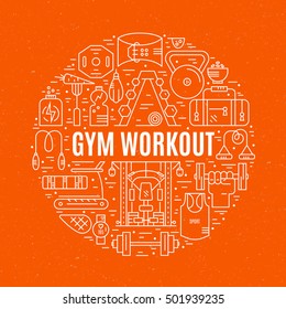 Sport and fitness design element - different gym elements arranged in a circle with sign gym workout. Vector design for gym advertising, banner or poster.