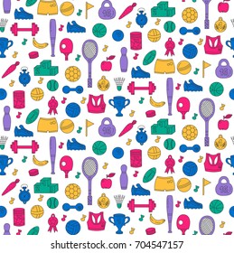 Sport fitness doodle icons seamless colorful vector pattern