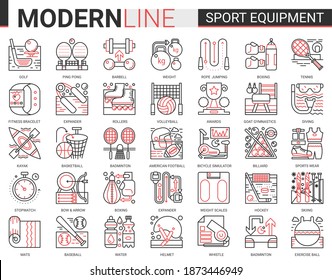 Sport fitness equipment complex thin red black line icon vector illustration set. Linear sport gear for sportsman symbols with sportswear, exercise gym item, football baseball badminton tennis game.