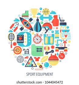 Sport fitness equipment flat infographics icons in circle - color concept illustration for sport equipment cover, emblem, template.