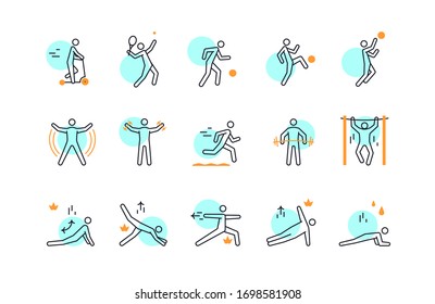 Sport, fitness equipment, gym exercise, yoga high detailed thin line icons with editable strokes. Modern flat linear logo for web, apps. Gym equipment, sports lifestyle, recreation activity pictogram.