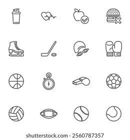 Sport and fitness equipment line icons set, outline vector symbol collection, linear style pictogram pack. Signs, logo illustration. Set includes icons as healthy food, soccer, basketball, baseball