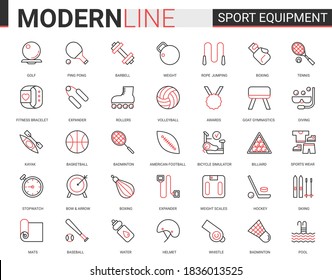 Sport fitness equipment thin red black line icon vector illustration set. Linear sport gear for sportsman symbols with sportswear, exercise gym item, football baseball badminton tennis game collection