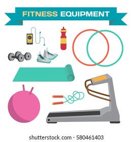 Sport and fitness equipment. The treadmill, yoga mat, jump rope, dumbbells, hoop. Flat cartoon isolated vector illustration