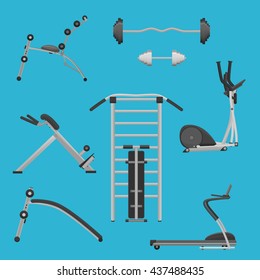 Sport fitness gym exercise equipment machines set. Dumbbells and wokout machines