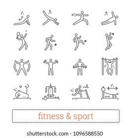 Sport, fitness and gym exercise thin line icons. Modern linear logo concept for web, mobile apps. Gym equipment, sports lifestyle, yoga and recreation activity pictogram. Outline vector collection.