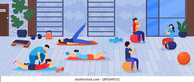 Sport and fitness in gym vector illustration. Healthy sportsmen doing exercises training with sports equipment, sportive man and women. Human activity workout in gym weight loss.