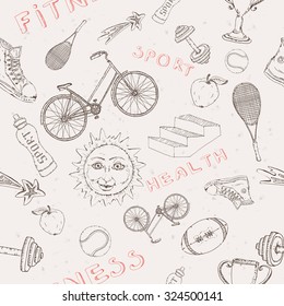 Sport and fitness hand drawn doodle style seamless pattern. 