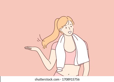 Sport, fitness, healthcare concept. Young happy smiling woman girl in sport suit with towel in good shape after activity workout session. Healthy lifestyle illustration.