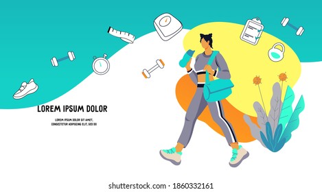 Sport and fitness, healthy active lifestyle banner with a woman in sportswear going to a sports workout. Fitness and weight loss  concept for web and print, flat vector illustration background.