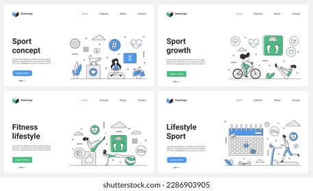Sport, fitness and healthy lifestyle set vector illustration. Cartoon tiny people plan workout with exercises in mobile health app and calendar, do yoga and stretching, training on treadmill in gym