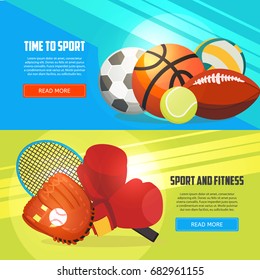 Sport and fitness horizontal banners. Football, basketball, boxing, tennis, baseball, rugby, voleyball vector illustration. Creative sport games concept banners.