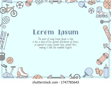 Sport and fitness - horizontal card with text and vector color illustrations of bicycle, ball, ski, snowboard, skates, scooter, skateboard and etc. for graphic design