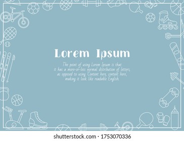 Sport and fitness - horizontal card with text and vector outline illustrations of bicycle, ball, ski, snowboard, skates, scooter, skateboard and etc. for graphic design
