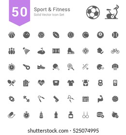 Sport And Fitness Icon Set. 50 Solid Vector Icons.