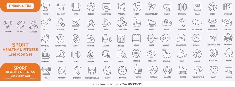 Sport and fitness icon set. Contains such icons as healthy lifestyle, weight training, body care and more. Set of icons related to healthy lifestyle, healthy eating, diet and exercise