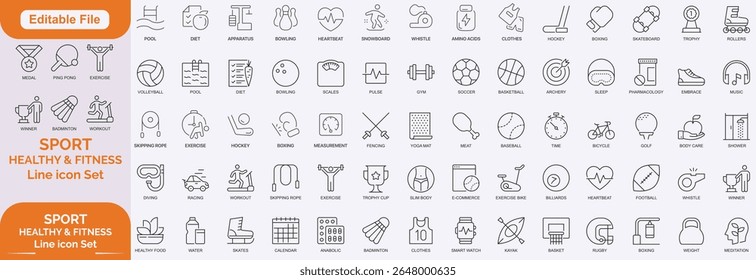 Sport and fitness icon set. Contains such icons as healthy lifestyle, weight training, body care and more. Set of icons related to healthy lifestyle, healthy eating, diet and exercise