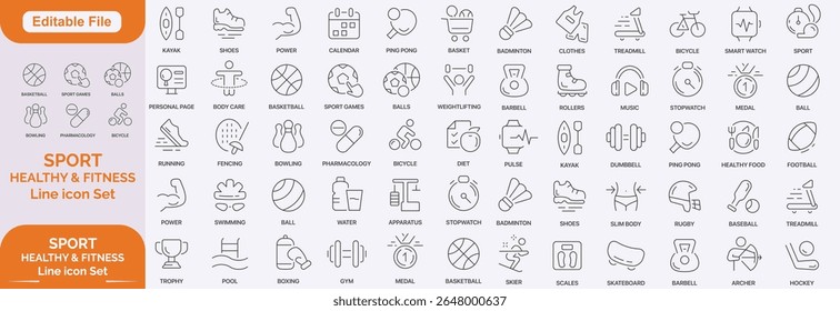 Sport and fitness icon set. Contains such icons as healthy lifestyle, weight training, body care and more. Set of icons related to healthy lifestyle, healthy eating, diet and exercise