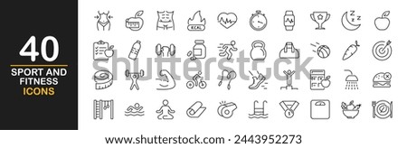 Sport and fitness icon set. Contains such icons as healthy lifestyle, weight training, body care and more. Set of icons related to healthy lifestyle, healthy eating, diet and exercise