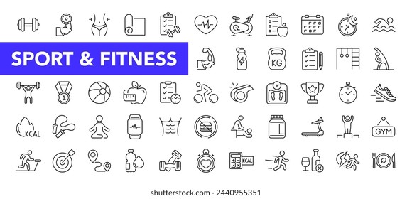 Conjunto de iconos de deporte y fitness con trazo editable. Colección de iconos de línea delgada de gimnasio y fitness. Ilustración de vector