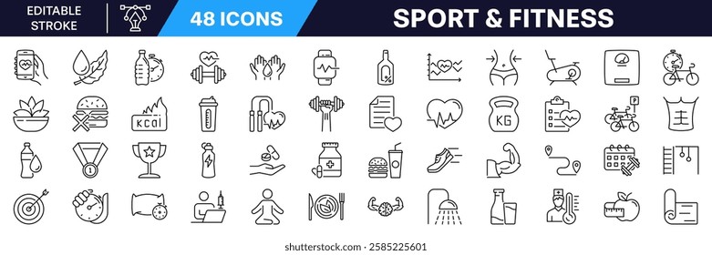 Sport and fitness Icon set. Editable stroke. Linear style.